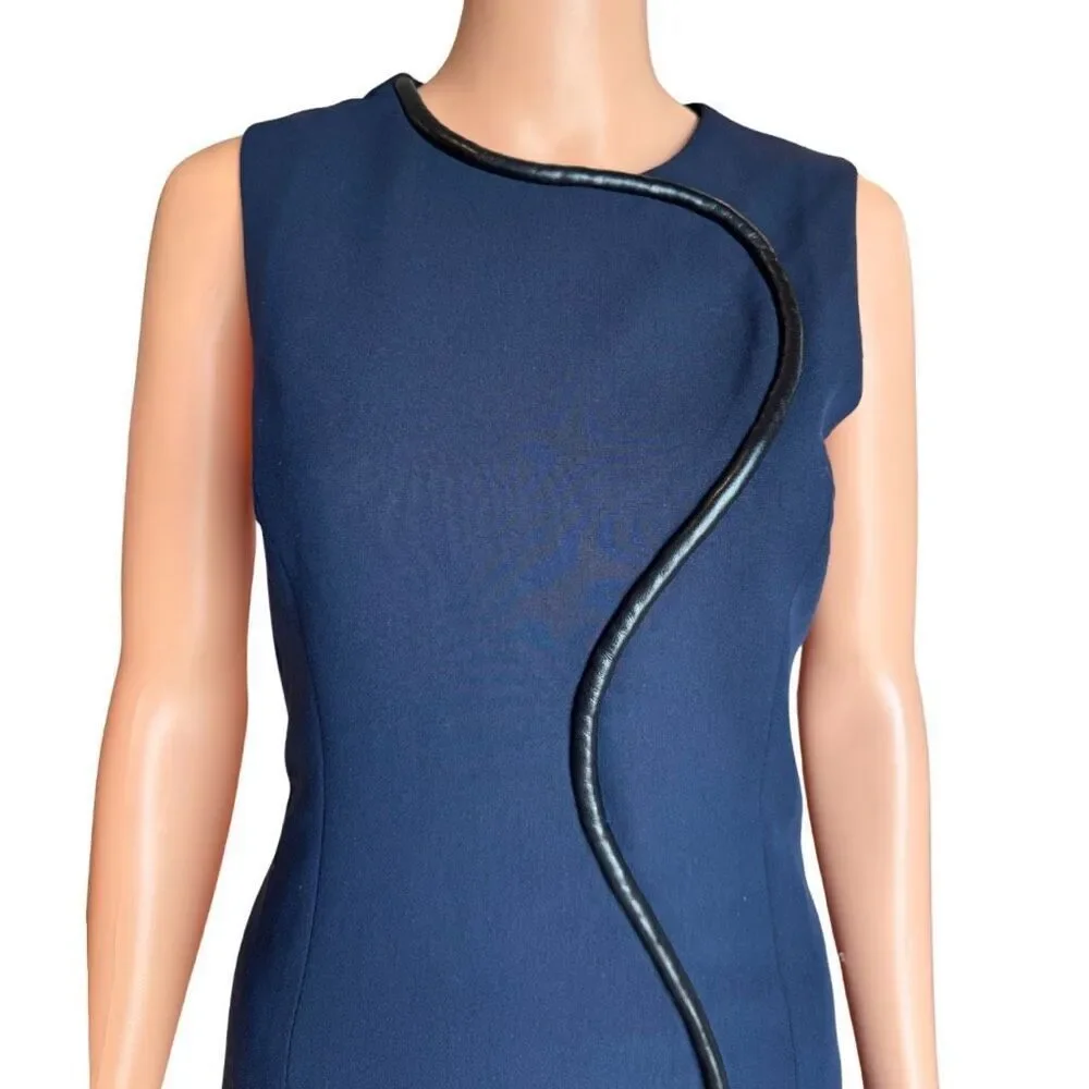 NWT Amanda Uprichard Andie Dress Navy Blue Faux Leather Trim Mini Medium Party